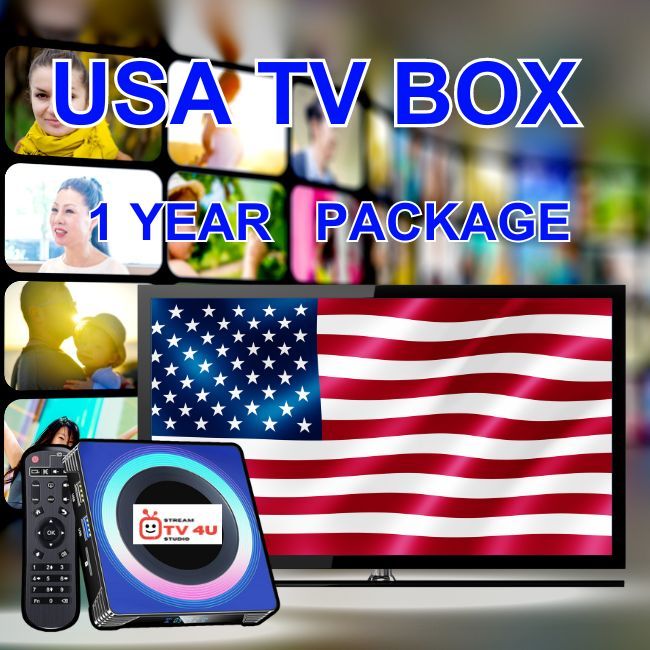 USA TV box + 1 Year IPTV package, TV online through our awesome TV box. And ready to use, clear picture 4K FHD.