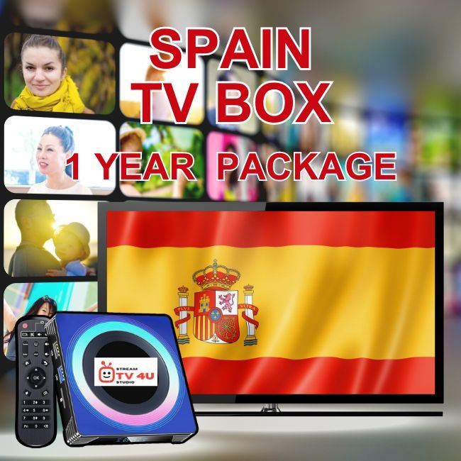Spain TV box + 1 Year IPTV package, TV online through our awesome TV box. And ready to use, clear picture 4K FHD.