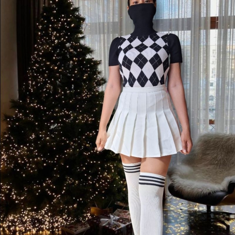 เสื้อยืดคอเต่าแขนตุ๊กตางานญี่ปุ่นลายข้าวหลามตัด coquette Dollette