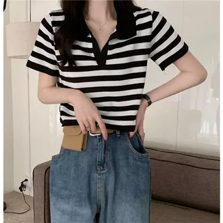 พร้อมส่งในไทย** เสื้อยืดไหมพรมคอปก ลายแถบ ผ้ายืดตัวสั้น Y60