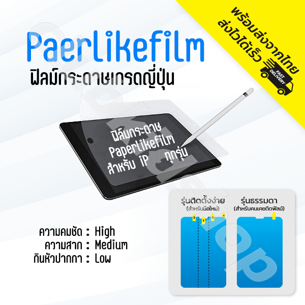 ฟิล์มกระดาษ  paperlikeสำหรับไอแพด งานญี่ปุ่นทุกรุ่น New Air11 M2-M4 ,New Gen11,10/5/4 10.9,10.2, Pro11, Pro12.9 mini7,6