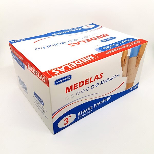 (ยกกล่อง 12 ม้วน) Longmed Medelas Elastic Bandage ลองเมท เมดอีลาส ผ้ายืดรัดเข่า ผ้าพันเคล็ด ขนาด 2,3,4 และ 6 นิ้ว