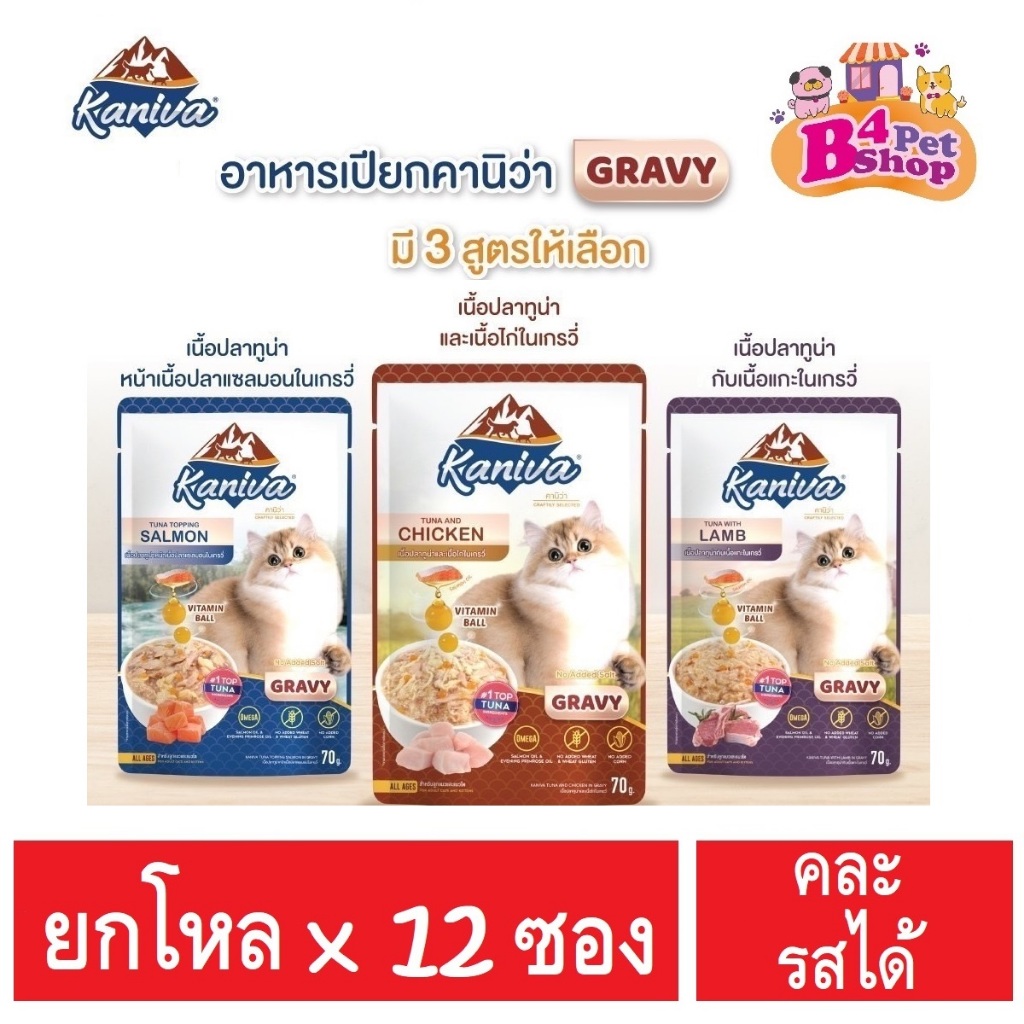 (12ซอง)ใหม่! อาหารเปียกคานิว่า "เนื้อปลาทูน่าเน้นๆ" ในน้ำเกรวี่ พร้อมส่วนผสมพิเศษ! มี Vitamin Balls 70g