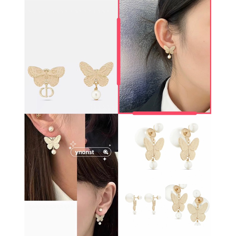 💯  ของแท้ DIOR Metal Matte Butterfly CD จดหมายต่างหูมุกต่างหู Asymmetric Stud