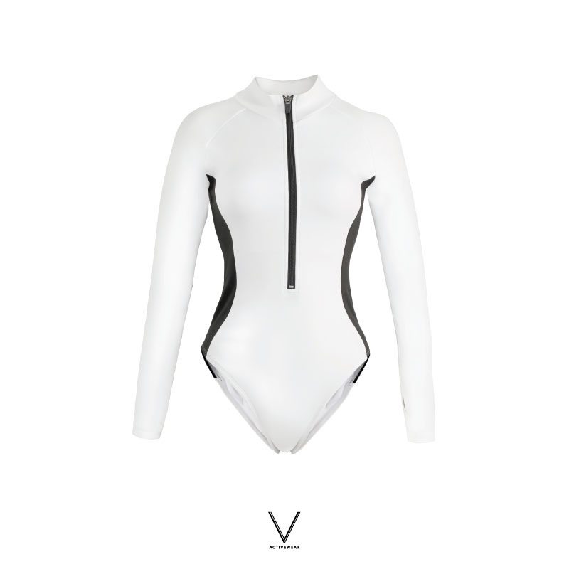 SS2024 WHITE WITH BLACK SIDE STRIPE BODYSUIT บอดี้สูทขาวสแถบดำ ใส่ว่ายน้ำ ผ้าหนา มีฟองน้ำในตัว กัน UV UPF 50+
