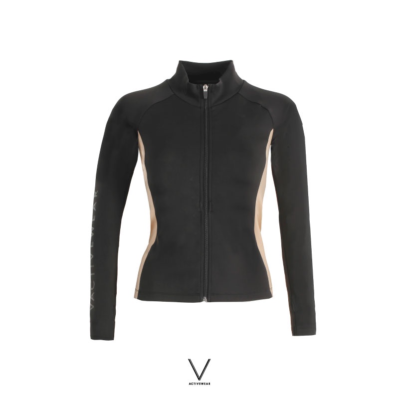 SS2024 BLACK WITH NUDE SIDE UV JACKET เสื้อแขนยาว สีดำแถบนูด ใส่ว่ายน้ำ มีฟองน้ำในตัวผ้าหนา กัน UV UPF 50+