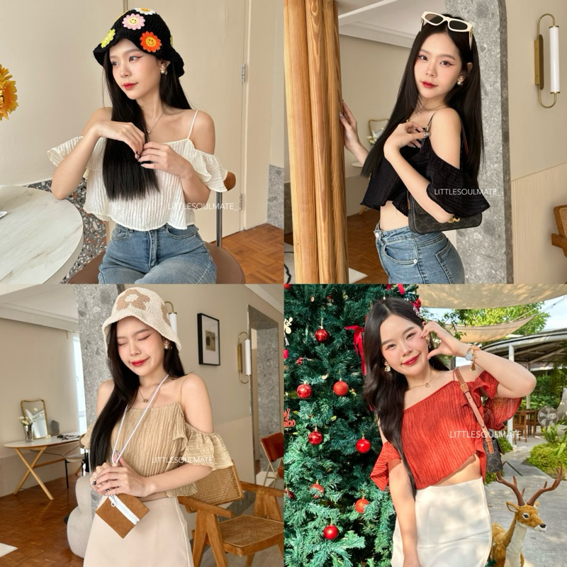 littlesoulmate เสื้อสายเดี่ยวแขนระบาย ใส่ปาดไหล่ได้ เสื้อครอปผ้าฝ้ายอัดยับ(cheezy)