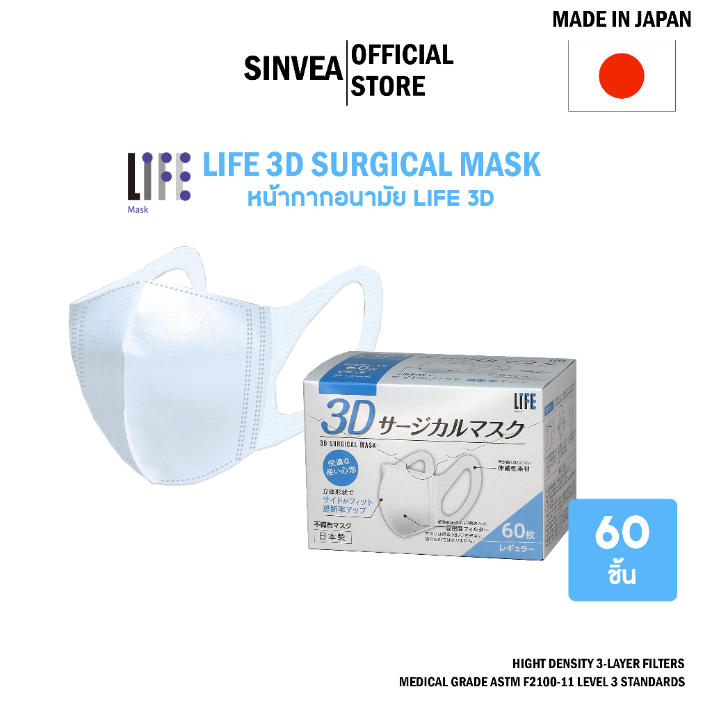 Life 3D SURGICAL MASK หน้ากากอนามัยผู้ใหญ่ แบบกล่องบรรจุ 60ชิ้น (MADE IN JAPAN)