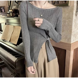ส่งทันที Cici(NO. X030/18CX65)เสื้อเเขนยาวไหมพรม ผ้าร่อง ดีเทลเเหวกชายเสื้อ แฟชั่นกระดุมติดข้าง สไตล์เกาหลี