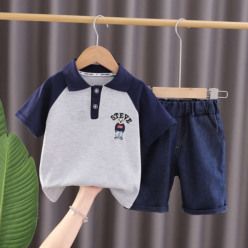 ชุดเด็กผู้ชาย 0-5ปี เสื้อโปโลสองสี กางเกงขาสั้น 2ชิ้น ผ้าคอตตอน ขายดี