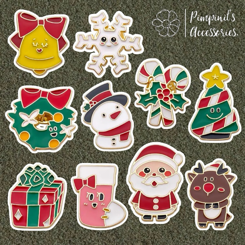 ร้านในไทยพร้อมส่ง : เข็มกลัดเซ็ทซานตาคลอสและคริสมาสต์ | Santa Claus And Christmas Enamel Brooch Pin Set.