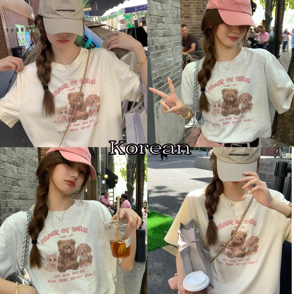 Korean พร้อมส่งจากไทย เสื้อยืดน้องหมี เสื้อยืดลำลองแขนสั้นพิมพ์ลายการ์ตูนสาวเกาหลี B73