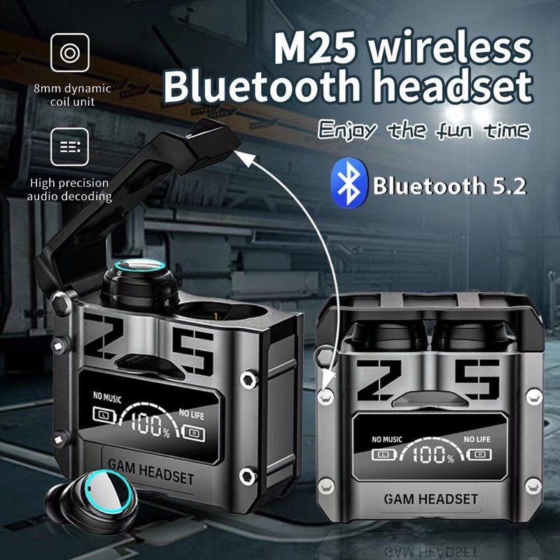 🔥 M25 5.3หูฟังบลูทูธกันน้ำหูฟังไร้สายสเตอริโอ9D หูฟังสำหรับเล่นกีฬา LED Microphoe