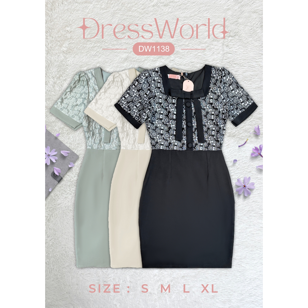 {S-XL} 1138 งานป้าย Dress World เดรสสั้น ช่วงบนแต่งลูกไม้ ดีเทลน่ารัก ไม่มีไม่ได้แล้วว