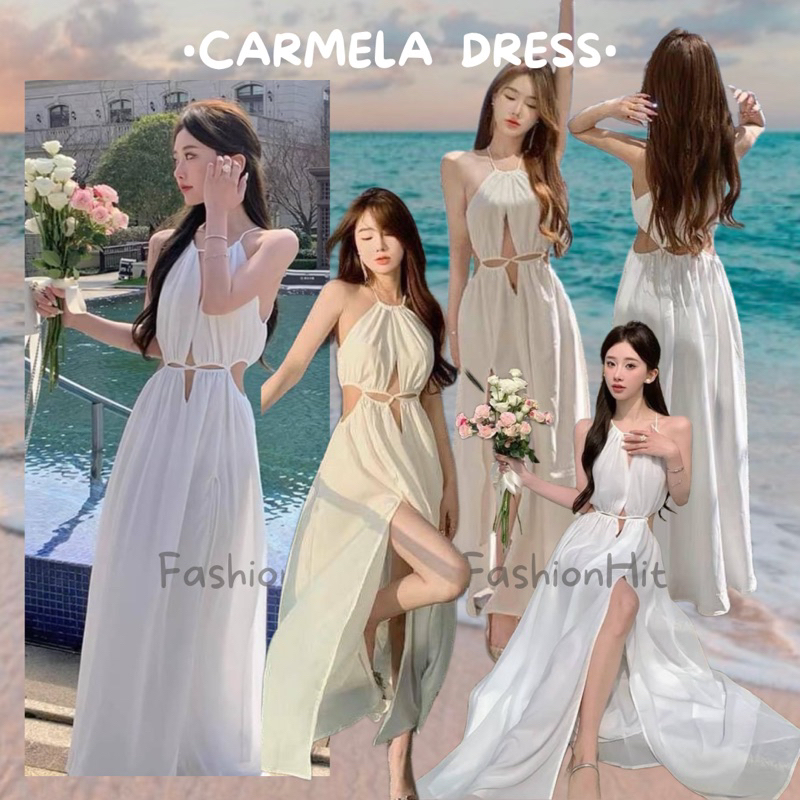 FashionHit•Carmela  Dress•[พร้อมส่ง]เดรสยาวเว้าเอว กระโปรงผ่าหน้า ช่วงคอปรับรูดตามขนาดตัว เนื้อผ้าชิฟฟอนเกรดพรีเมี่ยม