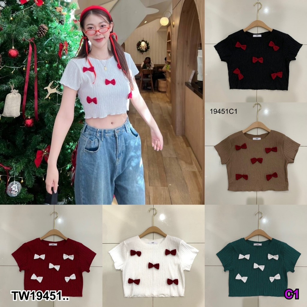 เสื้อครอปแขนสั้น แต่งโบว TT19451