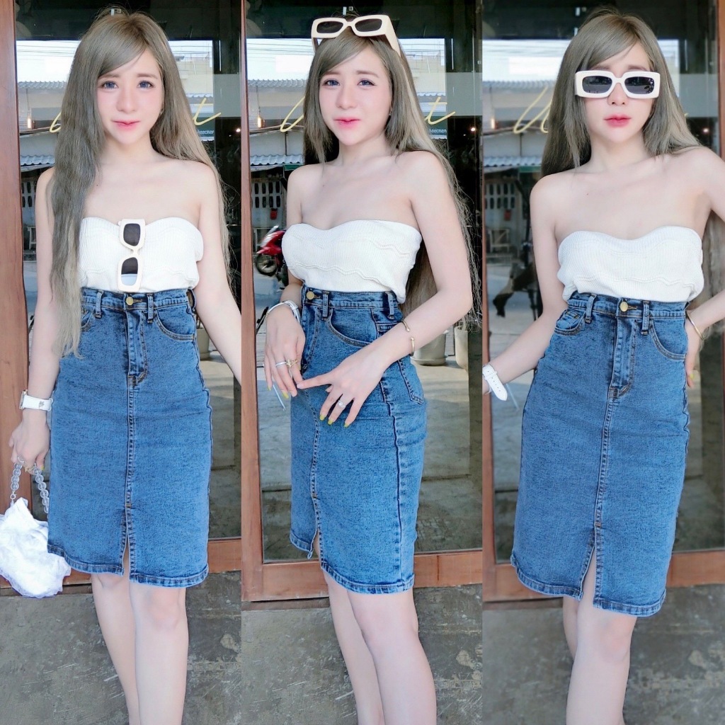 Cc jeans 243 S-5XL กระโปรงยีนส์ ยืด ผ่าหน้า สียีนส์ฟอก