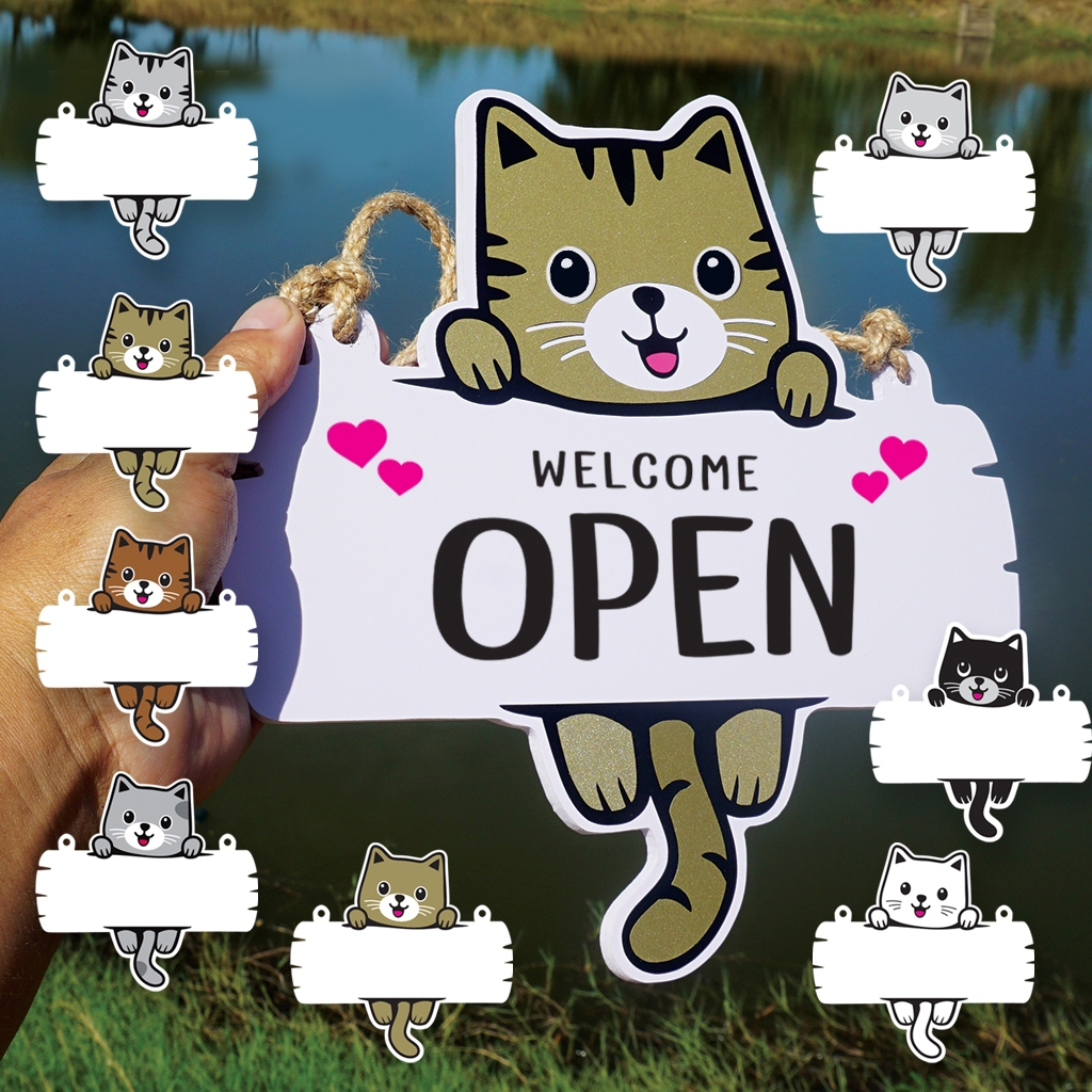 ป้ายแขวนรูปแมวเกาะป้าย เปิด ปิด OPEN CLOSED ไปธุระสักครู่ พลาสวูด ฉลุ ติดสติกเกอร์ตัด 25+25 ซม.+เชือกแขวน+จุ๊บติดกระจก