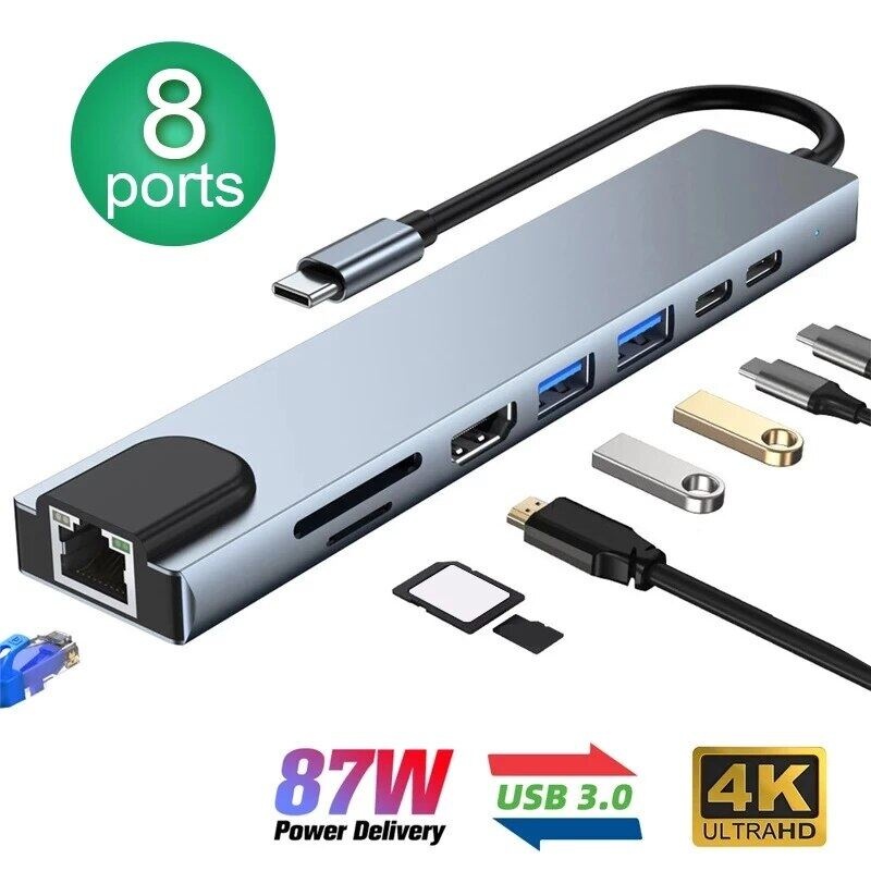 Actual 🇹🇭 พร้อมส่ง 8-in-1 อะแดปเตอร์ฮับการ์ดรีดเดอร์ USB Type-C Hub 4K HDMI RJ45 USB SD/TF PD ชาร์จเ