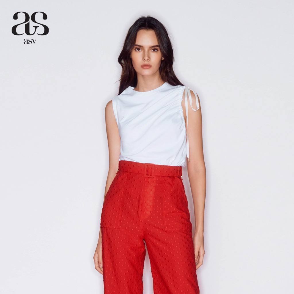 [asv rs24] Darlene Ruched Top เสื้อผู้หญิง คอกลม แขนกุด แต่งรูดผูกโบว์ที่ไหล่ ผ้าเจอร์ซี่