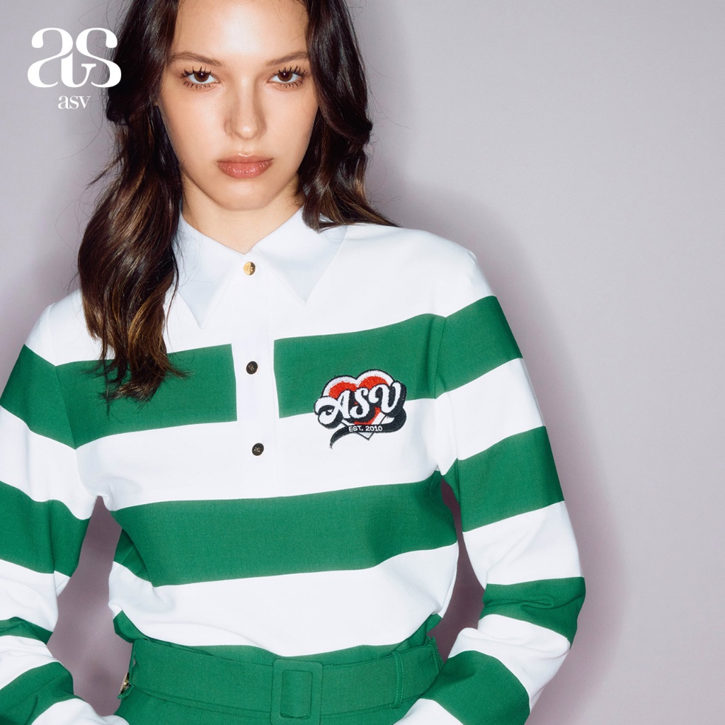 [asv rs24] Asv Rugby Polo Shirt เสื้อผู้หญิง คอปกโปโล แขนยาว ตัดต่อลายริ้ว แต่งปักฟูโลโก้ asv ผ้าคอต