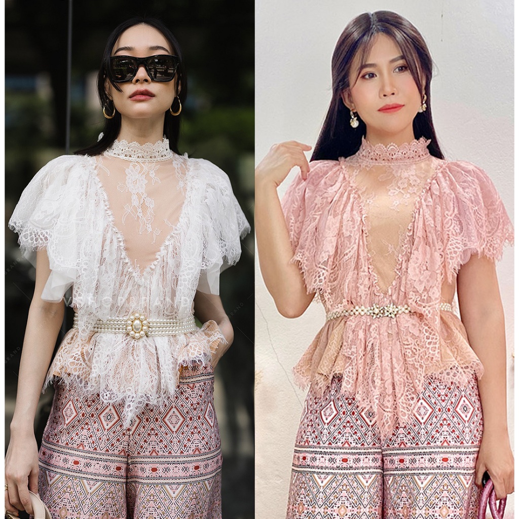 S-XXL✨เสื้อลูกไม้ สีขาว/สีชมพู ซับในสีเนื้อ ระบายเอว เสื้อชุดไทย เสื้อใส่กับผ้าถุง