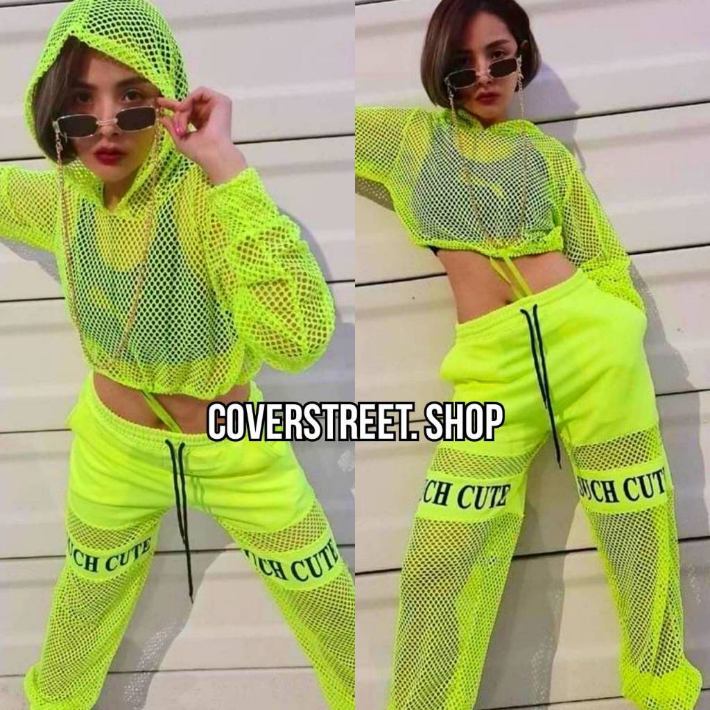 coverstreet พร้อมส่งจากไทย ชุดSet 3 ชิ้น​​ เสื้อนีออน +กางเกงนีออน รุ่นตาข่าย สำหรับสาย เต้นCoverเกาหลี ปาร์ตี้นีออน