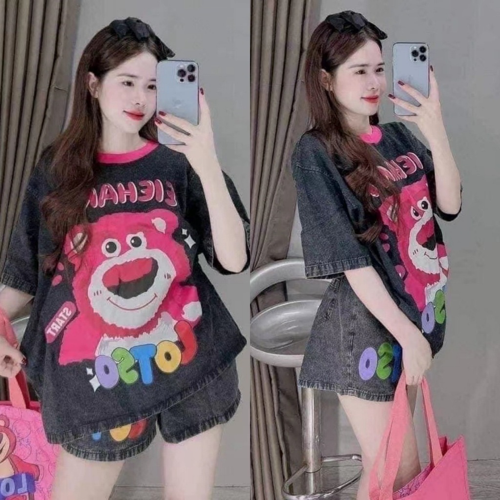 SGH0220 ชุดเซ็ทน้องหมีชมพู ผ้ายีนส์เทียมอย่างดี น่ารัก เสื้อ+กางเกงขาสั้น พร้อมส่งจากไทย