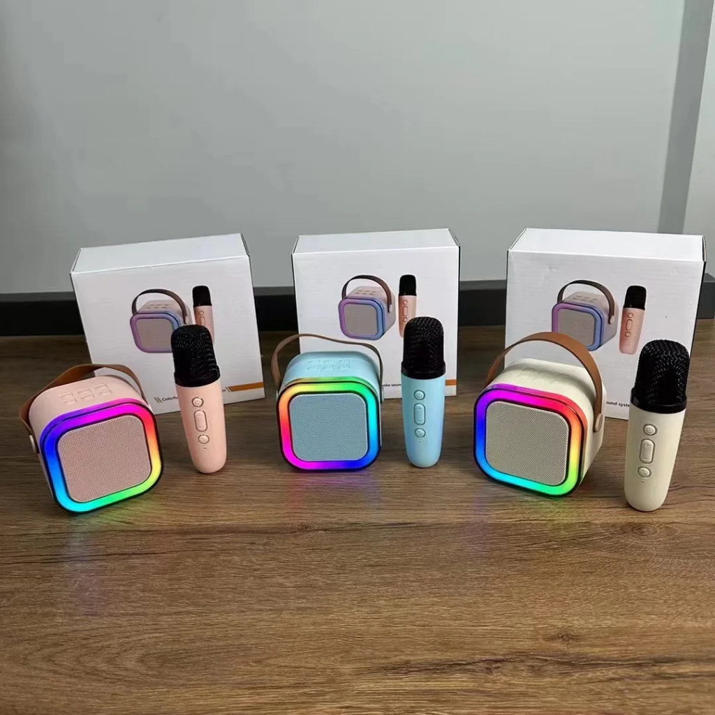 K12 ลำโพงบลูทูธ ลำโพงบลูทูธช่วยสอน Blutooth Karaoke Speake ไมโครโฟนคู่ ลำโพงร้องคาราโอเกะ มีแสงไฟสีรุ้งสวย