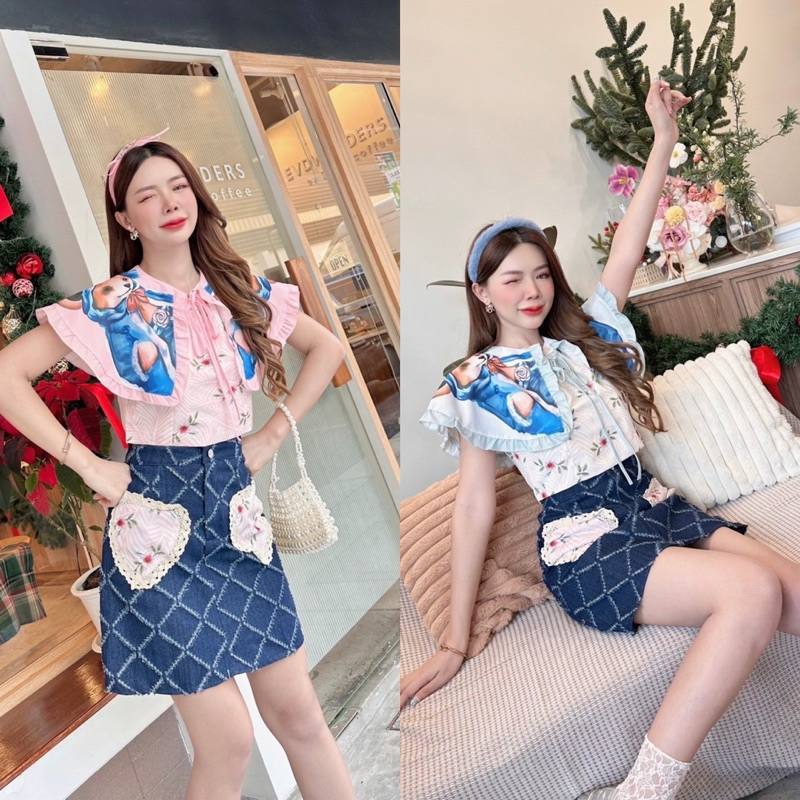 ชุดยีนส์ เสื้อคอปก+กระโปรงยีนส์ น่ารักมากๆ งานป้าย brt