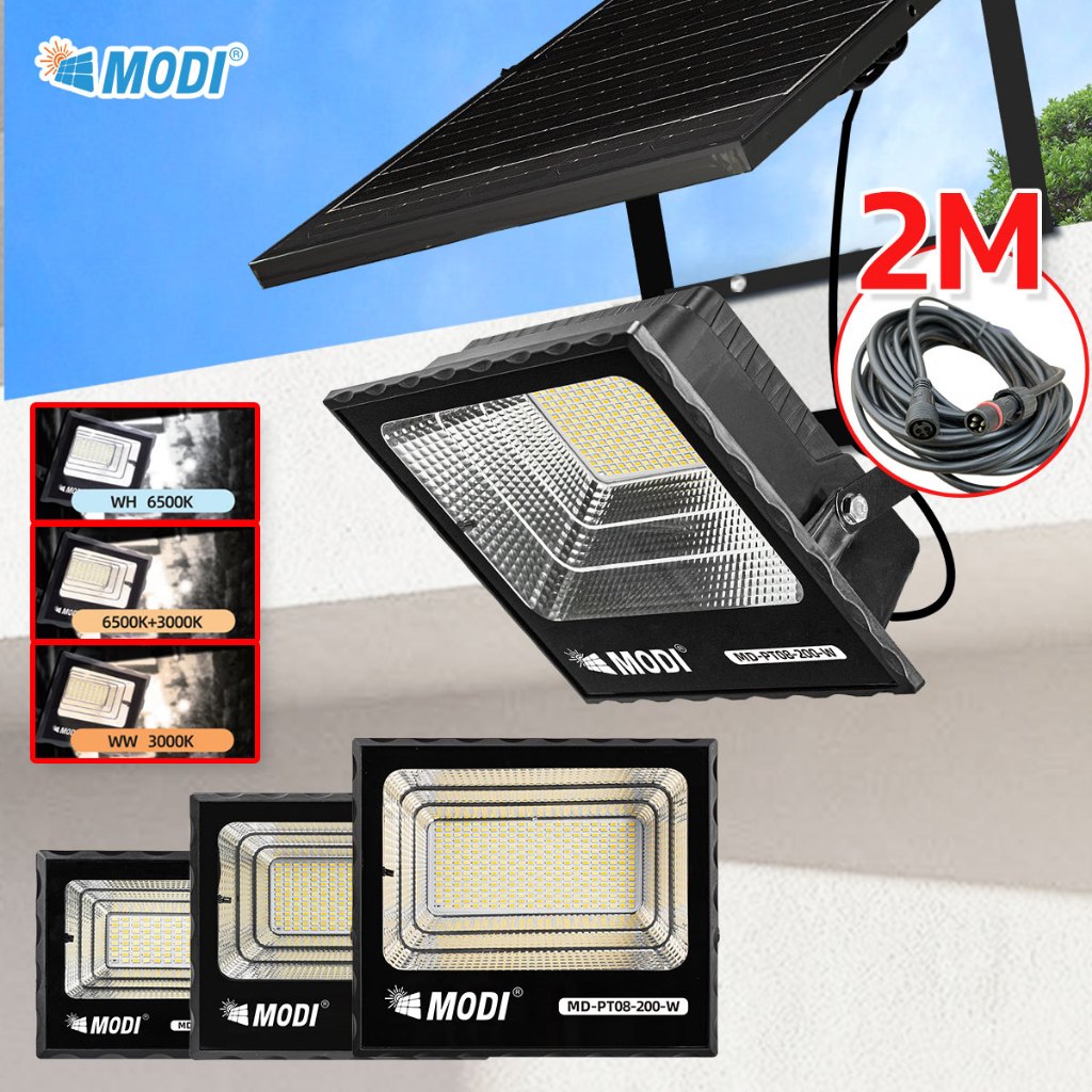 MODI โคมไฟสปอตไลท์โซล่าเซลล์ 40W100W200W300W เปิดได้ 3 แสง รีโมทคอนโทรล SolarLight กันน้ำกันฝุ่นIP65
