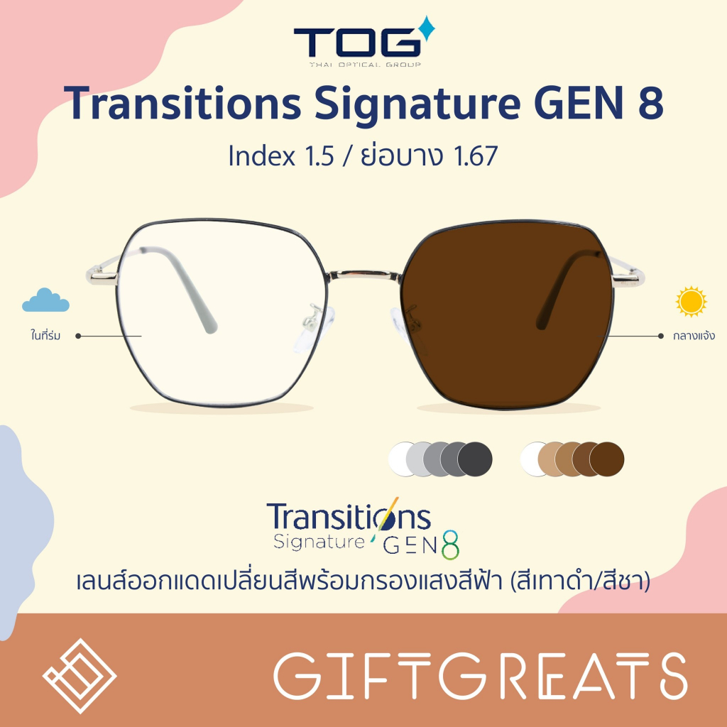 TOG TRANSITIONS GEN8 1.5-1.67 - เลนส์กรองแสงสีฟ้าออกแดดเปลี่ยนสี Transition Blue auto (ดำ/ชา)