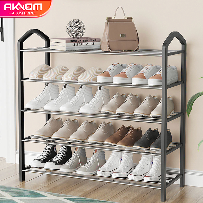 AKOM [วางได้15คู่] ชั้นวางรองเท้าDIYแบบเหล็กมีหูหิ้ว 3/4/5/ชั้น ข้อต่อผลิตจากพลาสติก PP ชั้-นดี ประกอบง่าย พร้อมส่ง