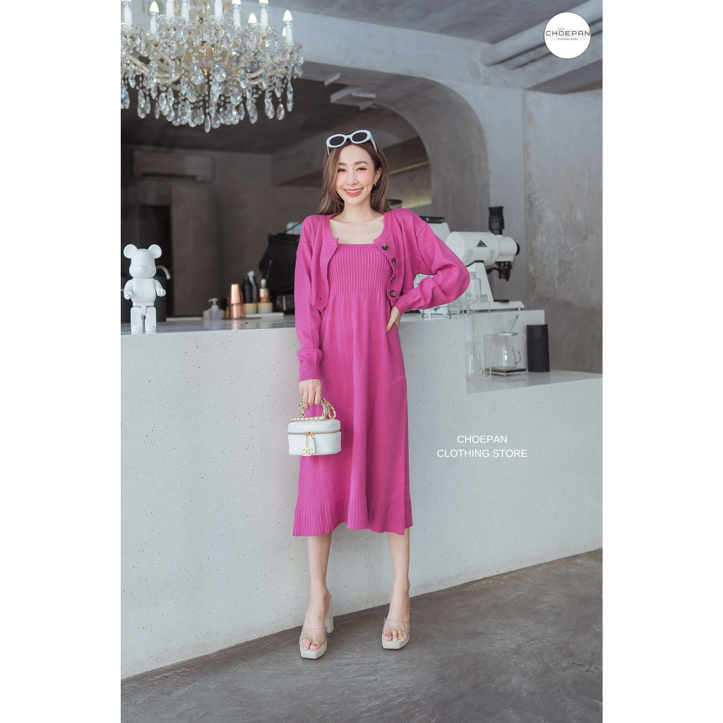 Set เดรสไหมพรมสายเดี่ยว มาพร้อมเสื้อแขนยาวกระดุมหน้า Choepan Clothing Store