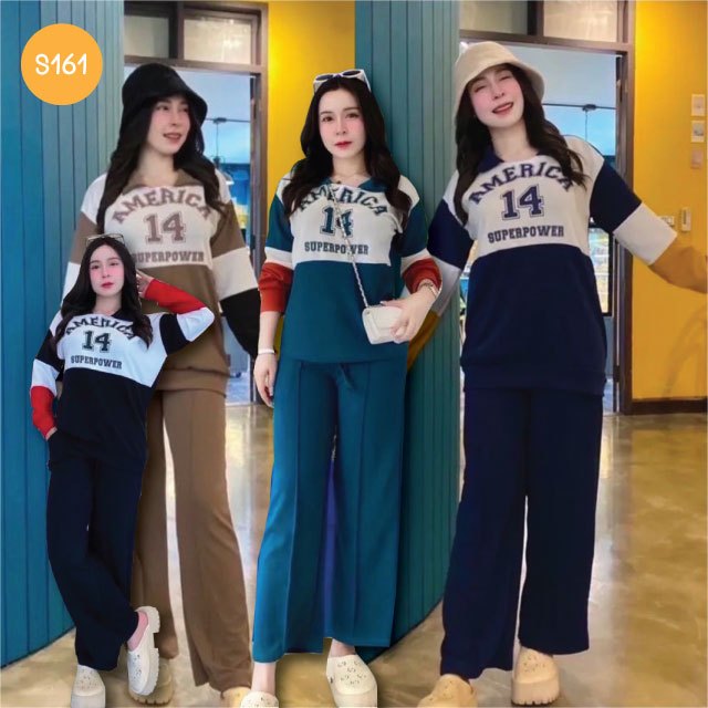 S161-ชุดเซ็ท2ชิ้น พิมพ์ลาย14 คอปกคอกลม แขนยาวขายาว  กางเกงมีกระเป๋า