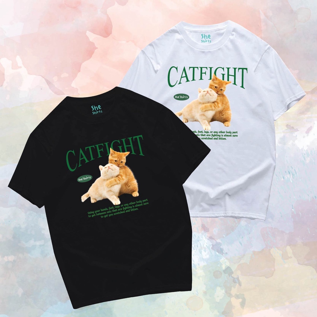 (🔥พร้อมส่งค่ะ🔥) เสื้อยืด oversize เสื้อ แมวสู้กัน เสื้อ CATFIGHT มีทั้งขาวและดำ Cotton 100% นื้อหนา ผ้านุ่มใส่สบาย