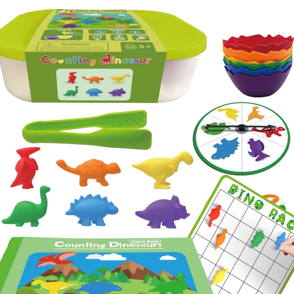 * ออกบิลได้ (แจ้งทางแชท) Counting Dinosaur กล่องคณิต แยกสี ฝึกคีบ นับเลข พร้อมการ์ดโจทย์