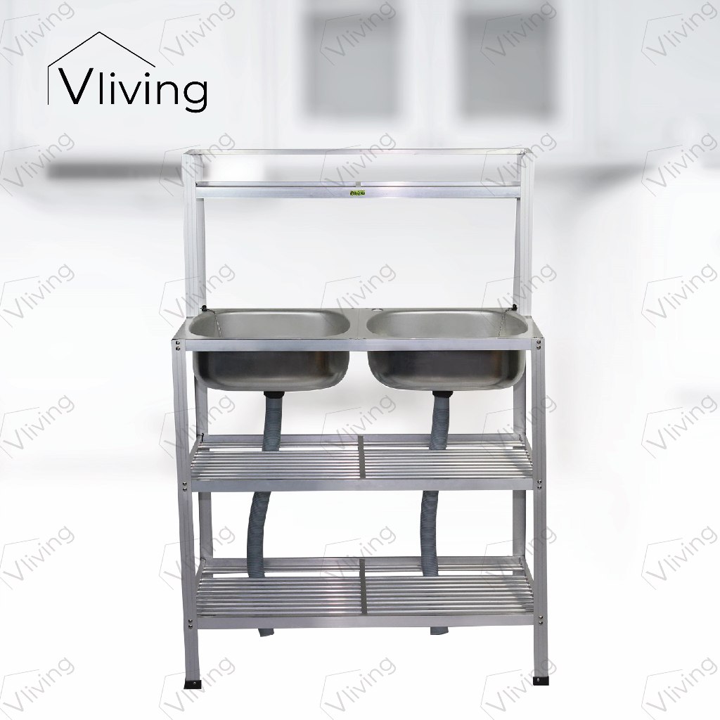 Vliving ซิ้งค์ล้างจาน อ่างล้างจานอลูมิเนียม 2 หลุม 3 ชั้น มีบน