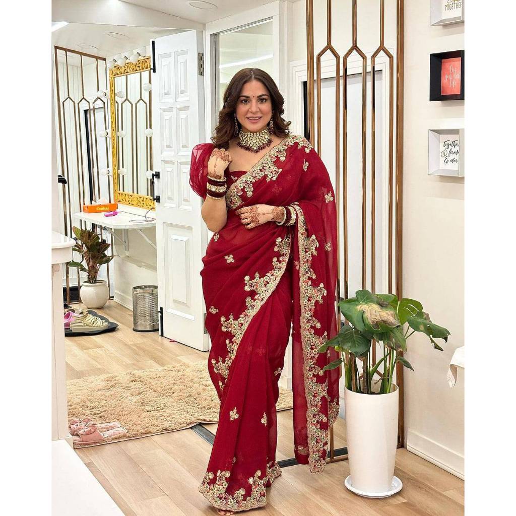 Saree Fabric Heavy Georgette Multi Thread Embroidery Sequence Saree  Blouse Heavy Georgette Multi Th