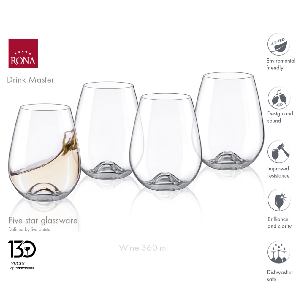 แก้วไวน์ขาว Rona Drink Master 330 ml แก้วไวน์คริสตัลไม่มีขา Stemless Wine Glass