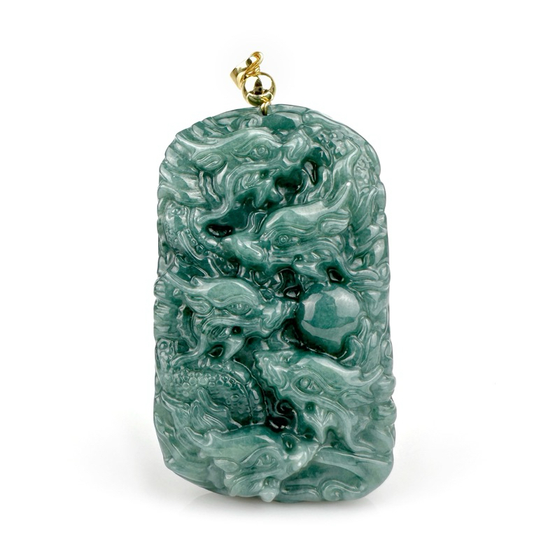 PDJA-9D-BL จี้หยกแกะลายมังกร จี้หยกมังกรเก้าตัว(9มังกร) หยกแท้ Jadeite A พร้อมเชือกร่มสำหรับร้อยขึ้นคอ