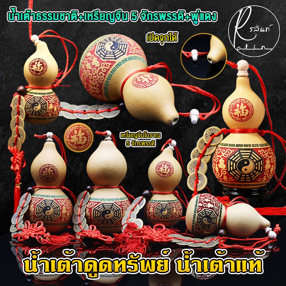น้ำเต้าแท้ น้ำเต้าธรรมชาติ น้ำเต้าดูดทรัพย์ พร้อมเหรียญจีน+พู่แดง เสริมฮวงจุ้ย เรียกโชค (เปิดจุกได้)