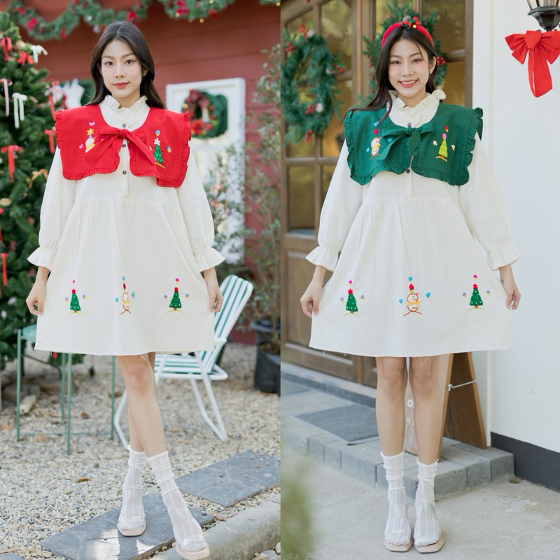 พร้อมส่ง Christmas ชุดเดรสแขนยาว+ผ้าคลุม ผ้าฝ้าย