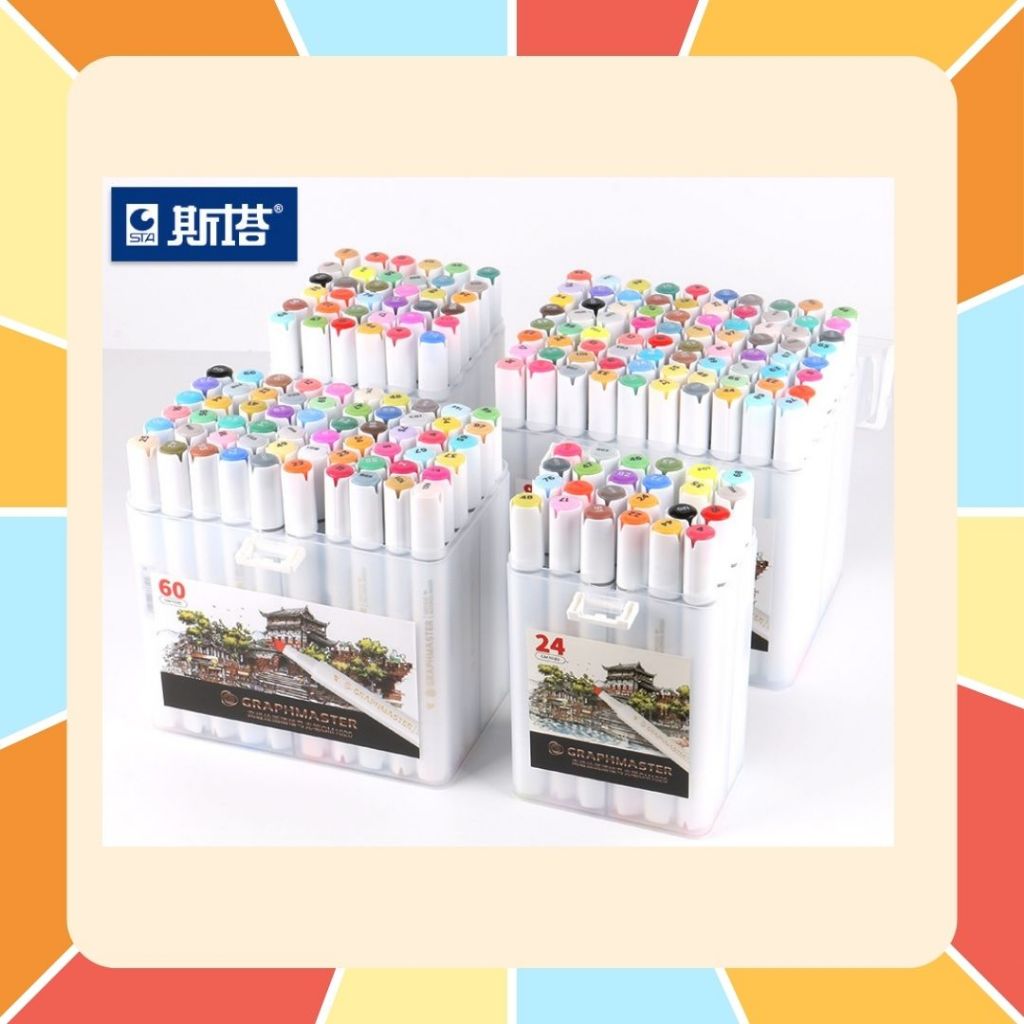 STA GRAPHMASTER ปากกามาร์กเกอร์สีน้ำมัน ด้ามสีขาว มีสองหัว หัวกลมและหัวตัด สำหรับวาดภาพ ทำใบงาน กรอบรูป ระบายสี