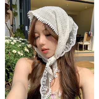 [จัดส่งในกทม] แฟชั่นเกาหลี ผ้าพันคอ สีขาว ที่คาดผม ผ้า ทรงสามเหลี่ยม แต่งลูกไม้ ลายดอกไม้ คุณภาพสูง เครื่องประดับแฟชั่น