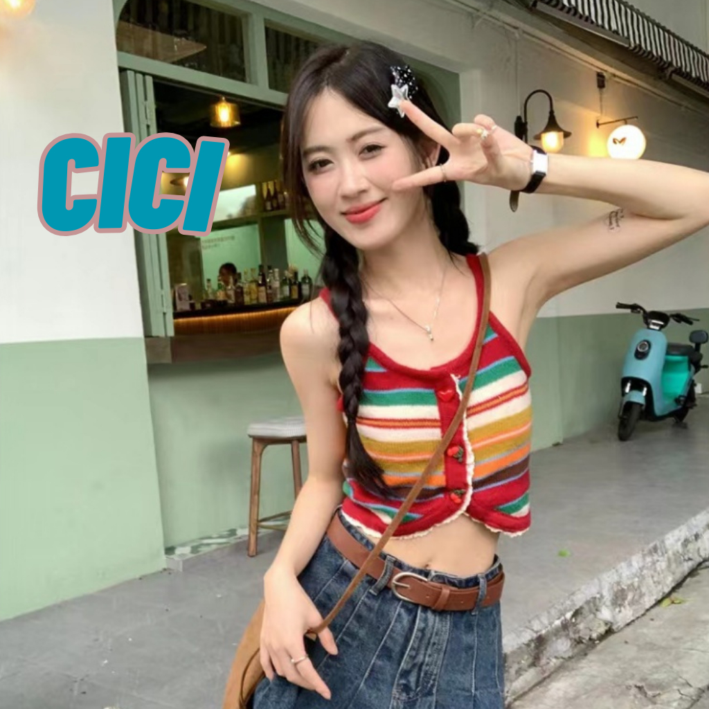 ส่งทันที Cici(NO. T2271)เสื้อสายเดี่ยวไหมพรม กระดุมใช้งานได้จริง ดีเทลแต่งระบายฉลุ สีสันสดใส Socute