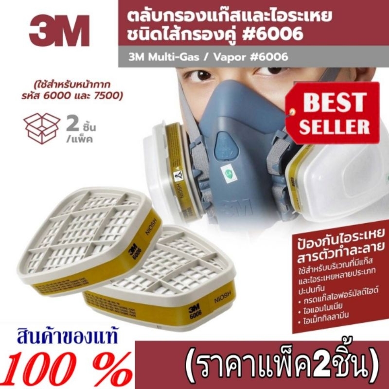 3M​ 6006 ไส้กรองแก๊สและสารระเหย(แพ็ค2ชิ้น)​ของแท้100%