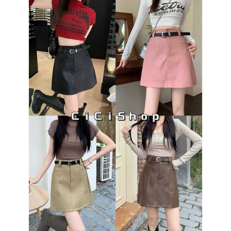 Cicishop(8071)กระโปรงสั้น ผ้าหนัง มีซับกางเกง กระเป๋าฟหน้าใช้งานได้ สไตล์สาวเท่