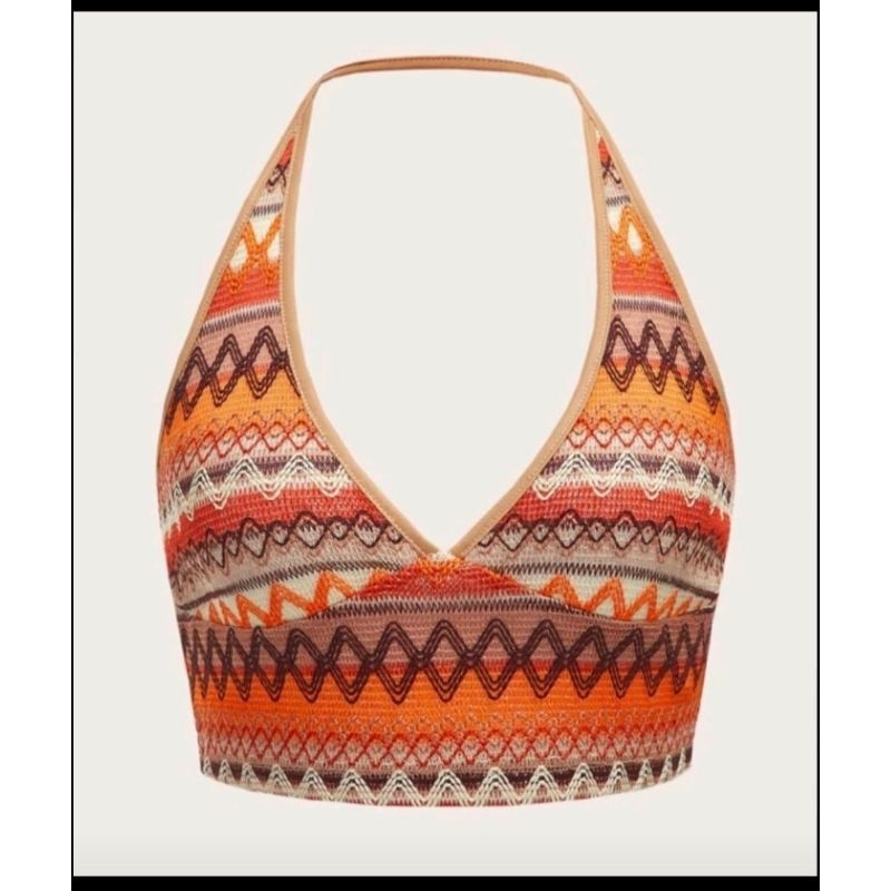 (เสื้อผ้ามือสอง) SHEIN WYWH เสื้อ คล้องคอ ลายซิกแซก เปลือยหลัง