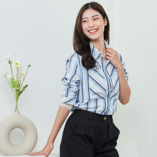 Stephanie เสื้อเชิ้ตแขนยาวลายทาง(OWS33GY)